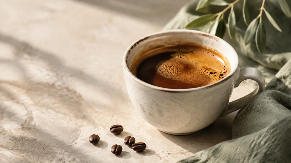Seramik fincanda espresso ve kahve çekirdekleri