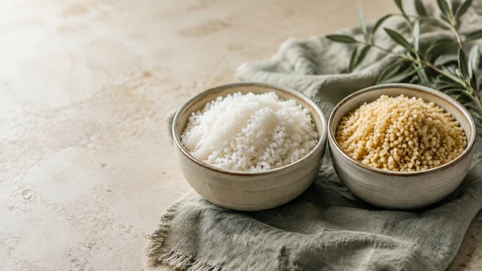 Yan yana kaselerde pişmiş pirinç ve bulgur